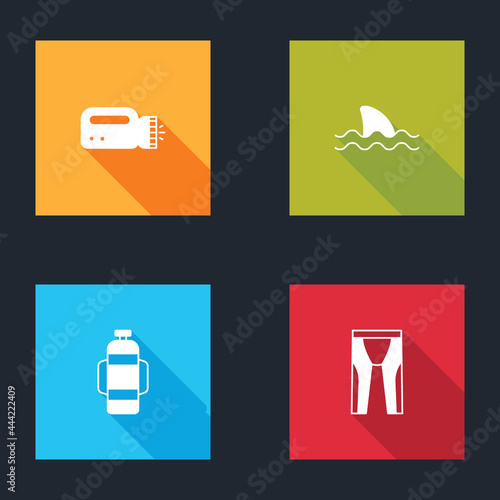Set Flashlight for diver, Shark, Aqualung and Wetsuit scuba diving icon. Vector