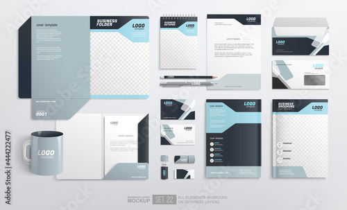 Mockup set of office stationery Corporate Brand Identity. Business stationery. Light blue and white color abstract geometric graphics on Folder, annual report cover, brochure, corporate mug