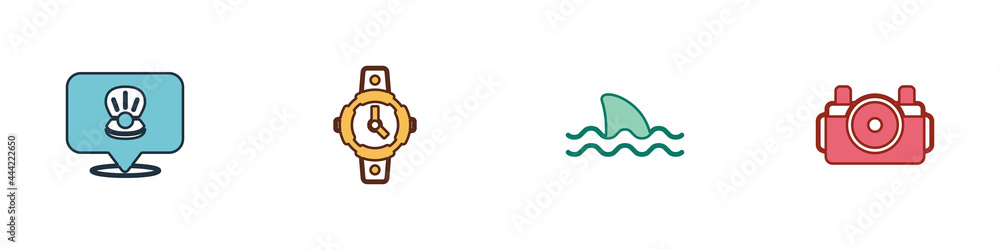 Set Scallop sea shell, Diving watch, Shark and Photo camera for diver icon. Vector Set Scallop sea shell, Diving watch, Shark and Photo camera for diver icon. Vector