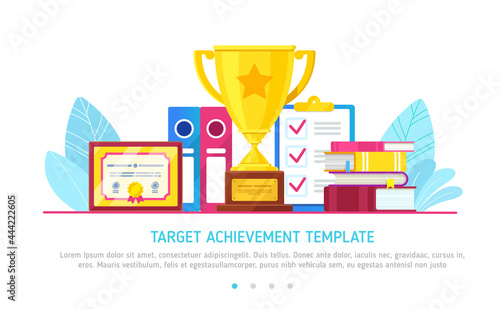 Target achievement career or education goal  vector illustration. Concept of reach target with Trophy cup in flat design. Business success web banner