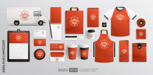 Food truck with Coffee branding identity on package Mockup set. Realistic MockUp set of delivery truck, uniform, paper cup, food package, shopping bag. Fast food and beverage package design