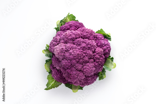 Fresh purple cauliflower isolated over white, top view Clipping path at 300%