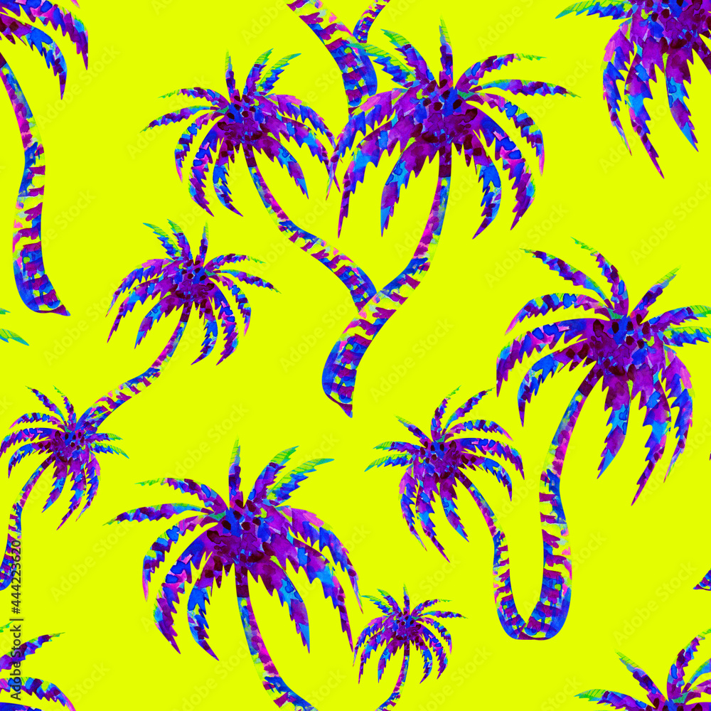 Seamless purple watercolor palm Tree pattern on bright green. Floral summer tropical print. 
