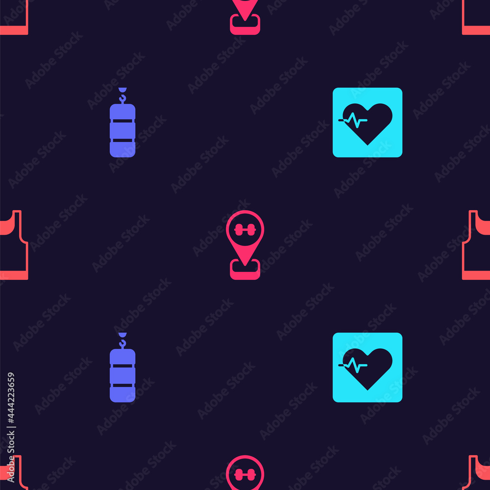 Set Heart rate, Punching bag, Location gym and Sleeveless t-shirt on seamless pattern. Vector Set Heart rate, Punching bag, Location gym and Sleeveless t-shirt on seamless pattern. Vector