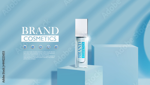 cosmetic product mock up on square podium blue , cosmetics product as luxury beauty brand design.Realistic vector illustration .