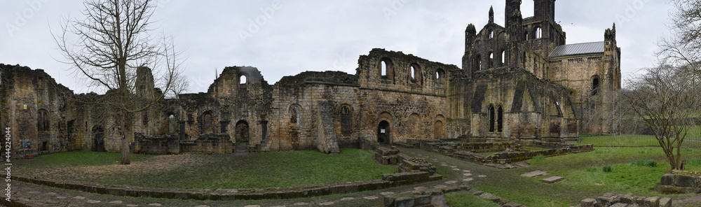 Beautiful panoramic landscape of the Kirkstall Abbey ruins, Leeds, England; taken in a rainy day of 2 April 2018