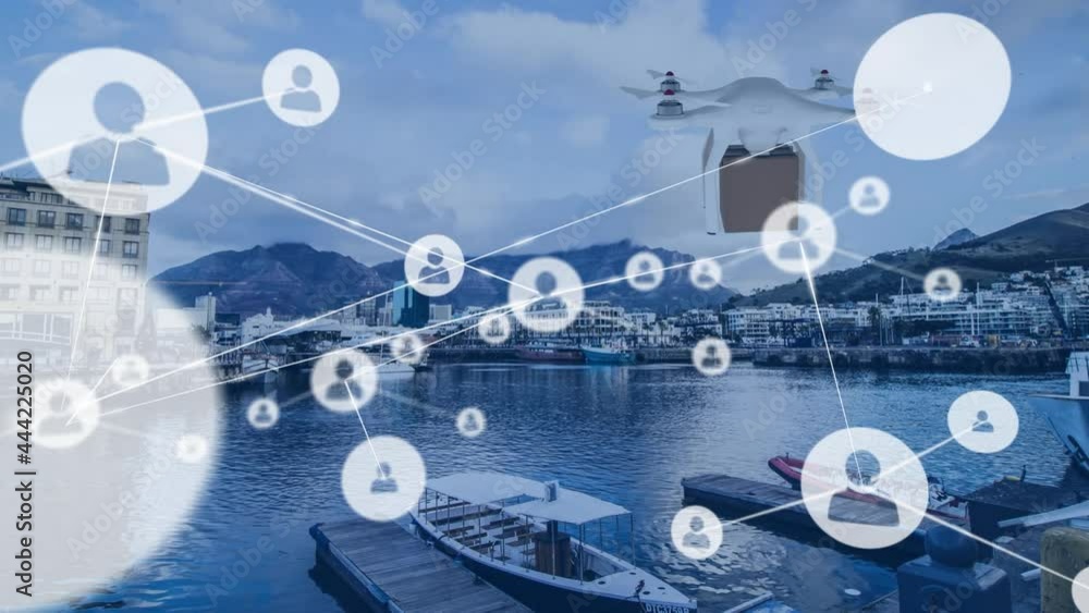 Animation of network of connections with icons over drone carrying parcel Animation of network of connections with icons over drone carrying parcel