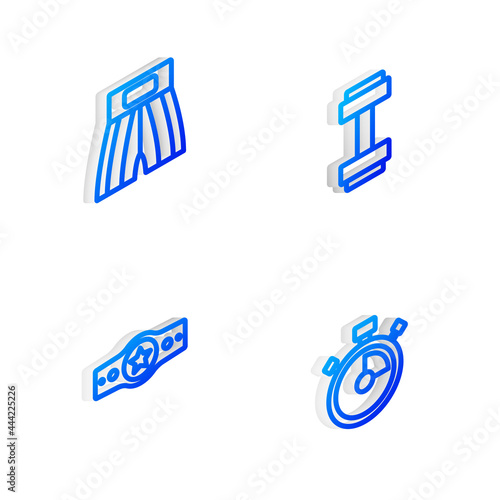 Set Isometric line Dumbbell, Boxing short, belt and Stopwatch icon. Vector