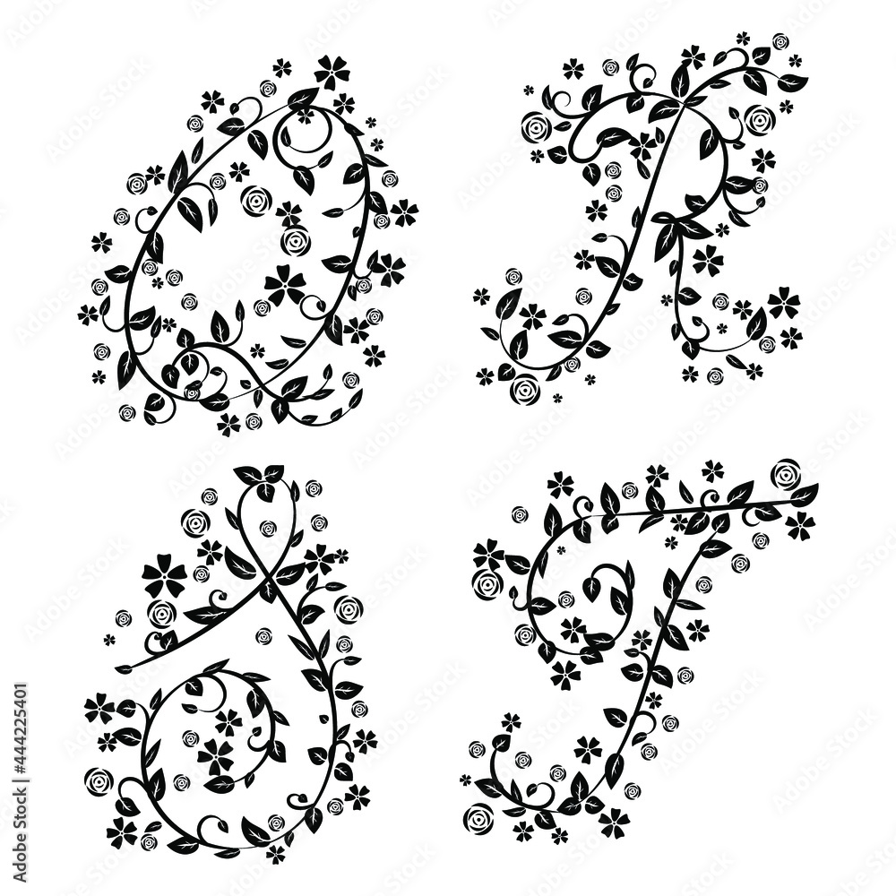 Set of 4 letters with botanical elements. Monogram arrangement. Vector floral letter design. Composition for card, invitation, save the date.