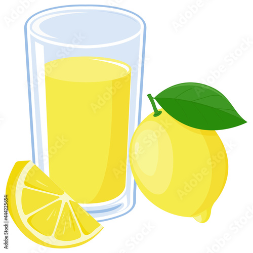 Lemon Juice. Glass of lemonade and lemon fruit. Vector illustration