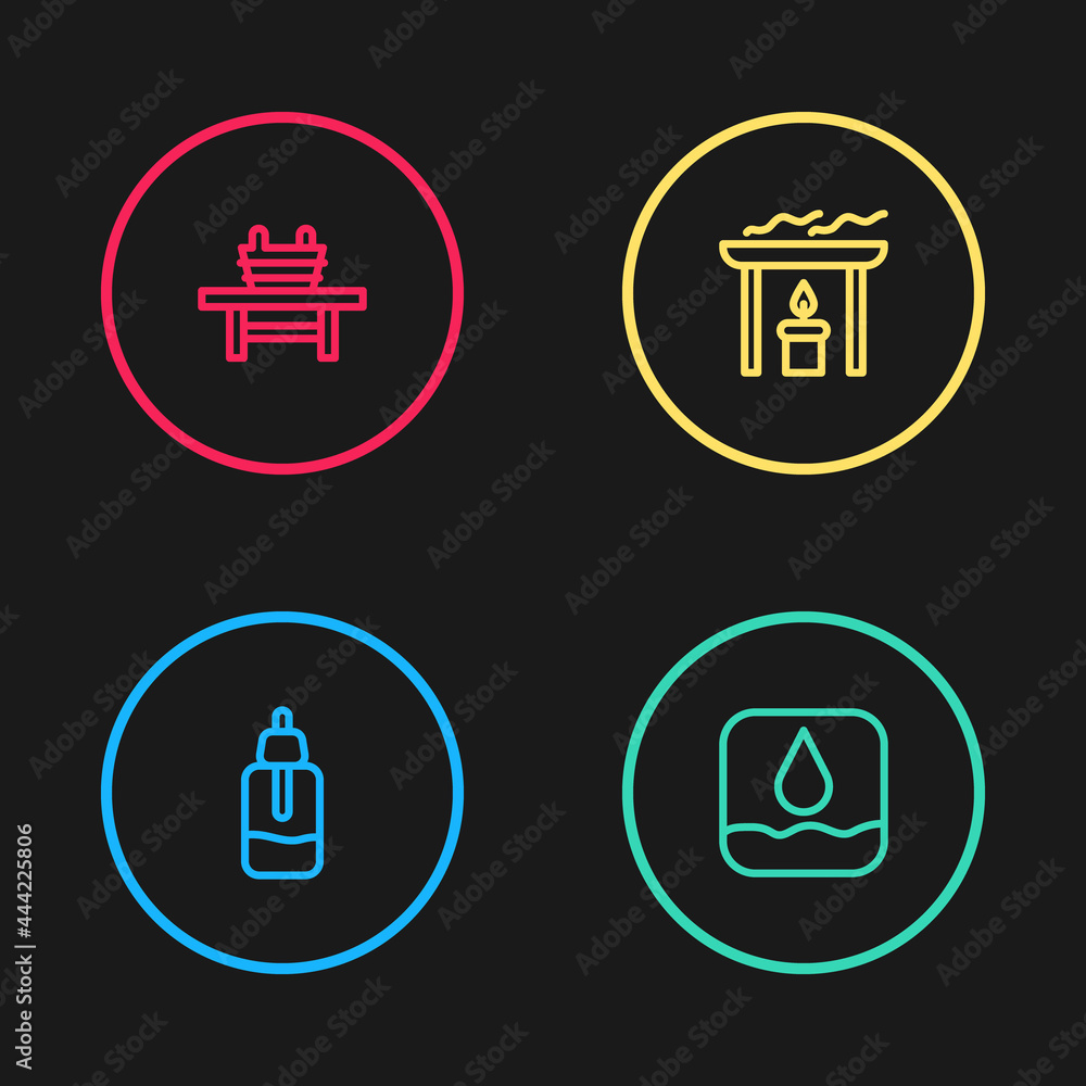 Set line Essential oil bottle, Water drop, Aroma candle and Sauna bench with bucket icon. Vector Set line Essential oil bottle, Water drop, Aroma candle and Sauna bench with bucket icon. Vector