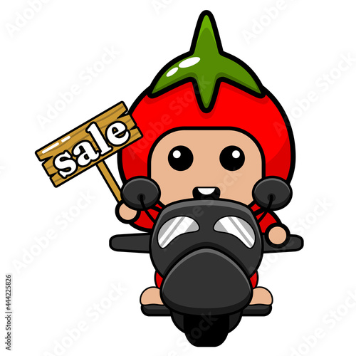 vector cartoon character cute tomato mascot costume riding a motorcycle and carrying a sales board