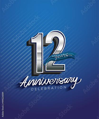 12th years anniversary celebration logotype with silver color and blue ribbon isolated on blue background