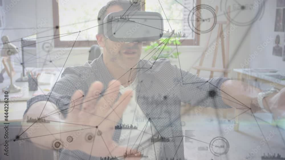 Animation of network of connections over man wearing vr headset Animation of network of connections over man wearing vr headset