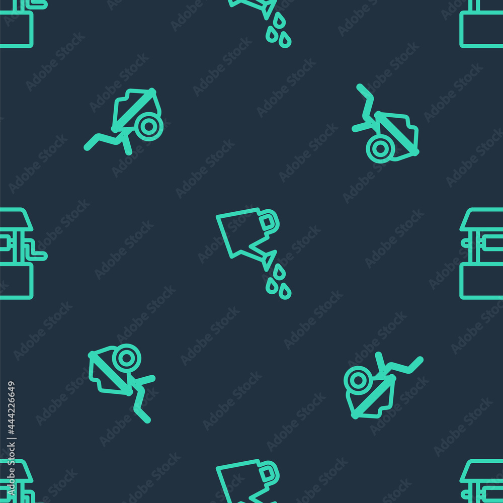 Set line Watering can, Wheelbarrow with dirt and Well on seamless pattern. Vector Set line Watering can, Wheelbarrow with dirt and Well on seamless pattern. Vector