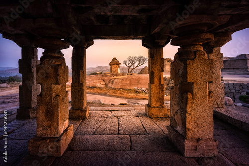 Beautiful ancient architecture of temples on Hemakuta Hill  Hampi  Karnataka  India.