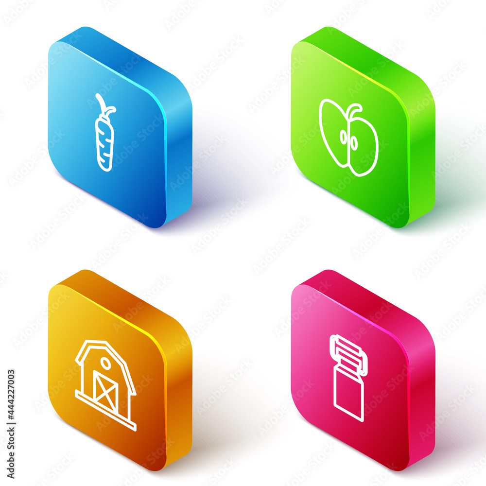 Set Isometric line Carrot, Apple, Farm house and Can container for milk icon. Vector Set Isometric line Carrot, Apple, Farm house and Can container for milk icon. Vector