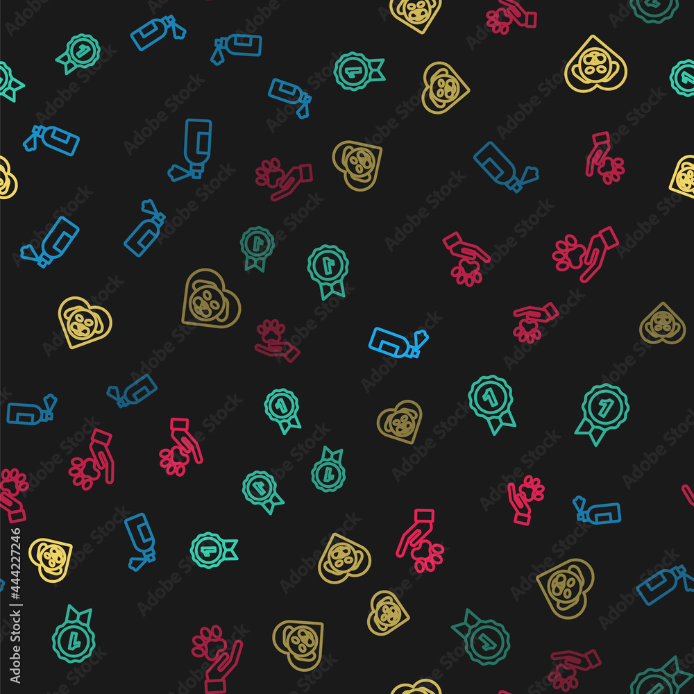 Set line Pet shampoo, Dog award symbol, Heart with dog and Hands animals footprint on seamless pattern. Vector Set line Pet shampoo, Dog award symbol, Heart with dog and Hands animals footprint on seamless pattern. Vector