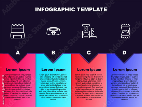 Set line Dog shit in bag, Pet food bowl, Cat scratching post and Bag of for pet. Business infographic template. Vector