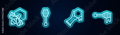 Set line Bee and honeycomb, Honey dipper stick, Honeycomb hand and with. Glowing neon icon. Vector
