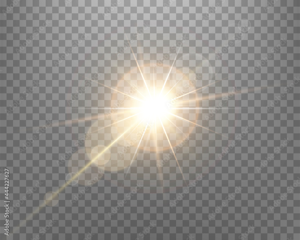 Sunlight lens flare, sun flash with rays and spotlight. Gold glowing burst explosion on a transparent background. Vector illustration. Sunlight lens flare, sun flash with rays and spotlight. Gold glowing burst explosion on a transparent background. Vector illustration.