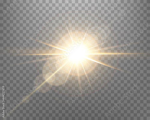 Sunlight lens flare, sun flash with rays and spotlight. Gold glowing burst explosion on a transparent background. Vector illustration.
