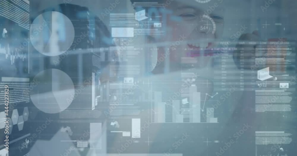 Animation of financial data processing over business people in office Animation of financial data processing over business people in office