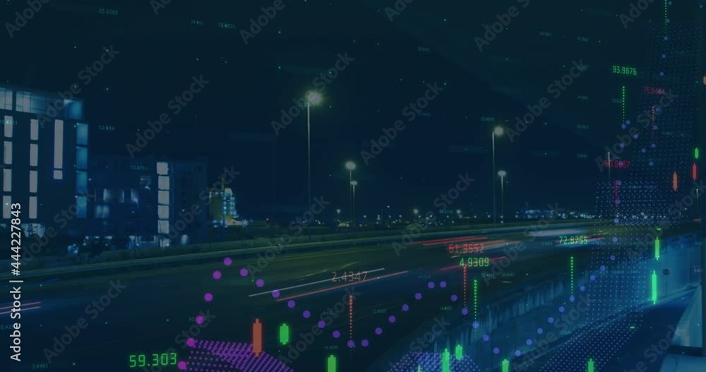 Animation of financial data processing over cityscape Animation of financial data processing over cityscape