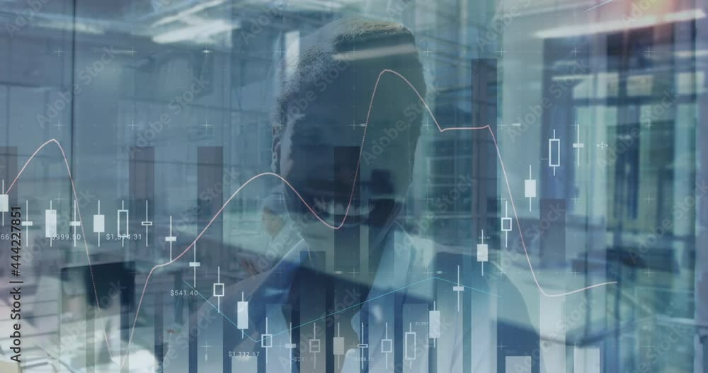 Animation of statistics and financial data processing over smiling businesswoman in office Animation of statistics and financial data processing over smiling businesswoman in office