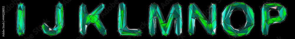 Realistic 3D set of letters I, J, K, L, M, N, O, P made of low poly style. Collection symbols of low poly style green color glass isolated on black background 3d - obrazy, fototapety, plakaty 