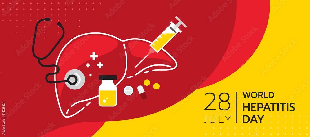 world hepatitis day - white line border liver sign with Hepatitis vaccinations, Stethoscope and pills on red yellow background vector design - obrazy, fototapety, plakaty 