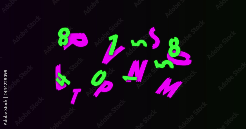 Neon random numbers and alphabets moving and changing against black background