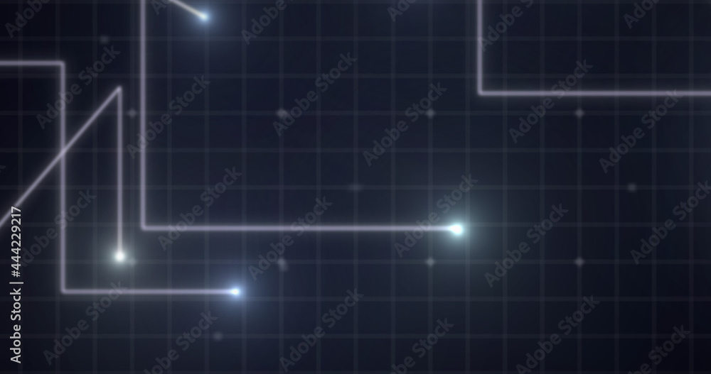 Image of glowing white points with light trails moving on grid on purple background Image of glowing white points with light trails moving on grid on purple background