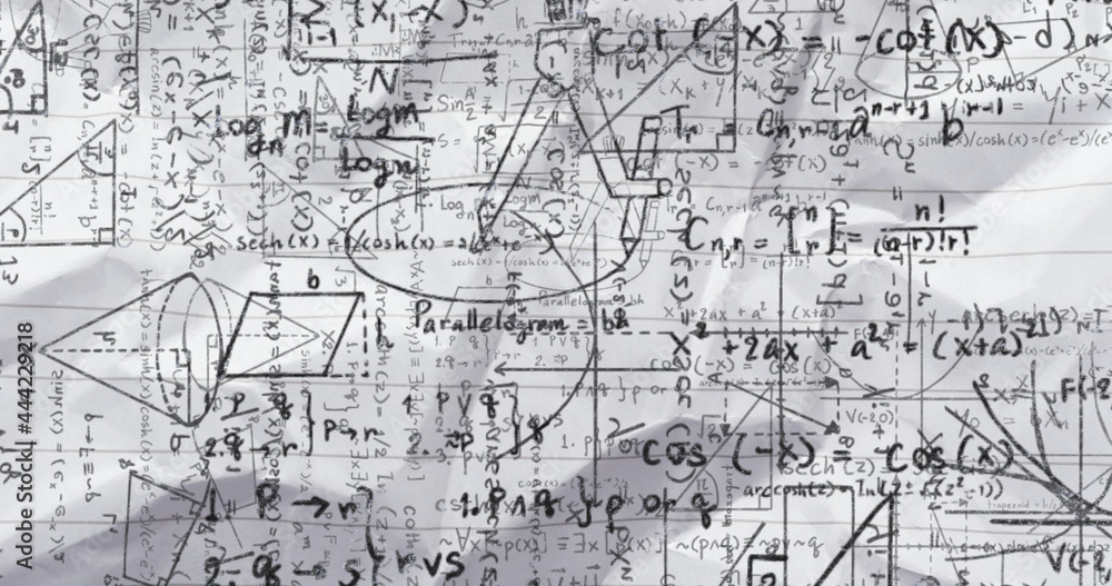 Image of black mathematical formulae and geometric drawings on white Image of black mathematical formulae and geometric drawings on white