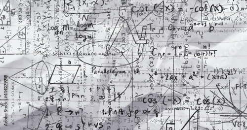 Image of black mathematical formulae and geometric drawings on white