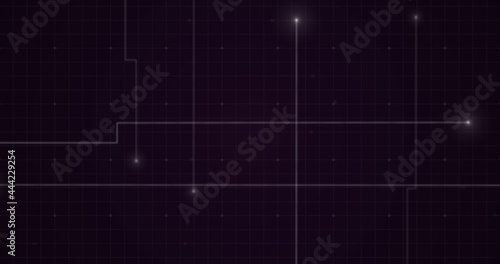 Image of glowing points with light trails forming grid on purple background