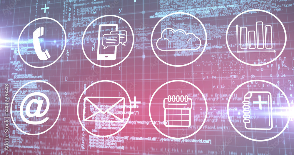 Image of multiple digital icons over data processing and grid Image of multiple digital icons over data processing and grid