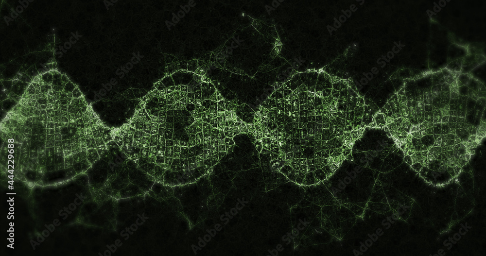 Image of a digital glowing pixelated green 3d double helix DNA Image of a digital glowing pixelated green 3d double helix DNA