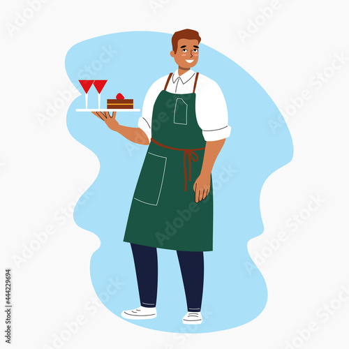 Cartoon male waiter stands with a tray on his hand. Handsome smiling man character in uniform. Restaurant or coffee shop staff. Isolated on white, vector illustration.