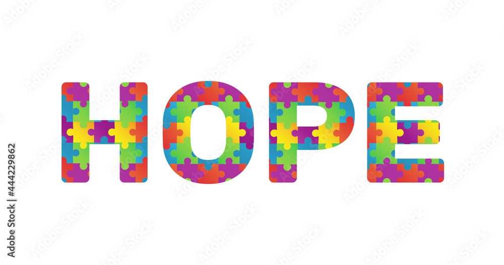 Digitally generated image of with puzzle elements forming hope text against white background Digitally generated image of with puzzle elements forming hope text against white background