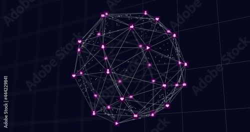 Image of purple network connections forming globe with social media icons on black background