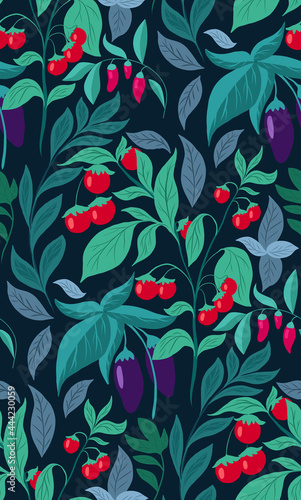 Seamless pattern with vegetables and foliage. Vector texture with eggplants, cherry tomatoes, chili peppers on a dark background. Natural garden wallpaper. Fabrics with hand drawn flat bushes