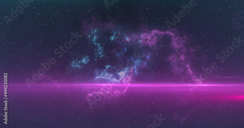 Glowing pink rays of light and blue and pink nebula moving in the night sky