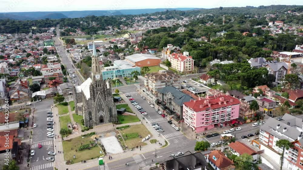 Aerial view of the historic stone church Aerial view of the historic stone church
