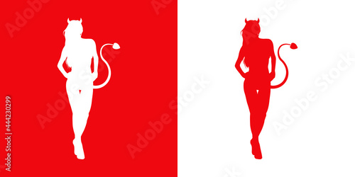 Silueta de chica demonio sexy de pie en fondo rojo y fondo blanco