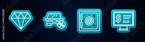 Set line Diamond, Car leasing percent, Safe and Monitor with dollar. Glowing neon icon. Vector