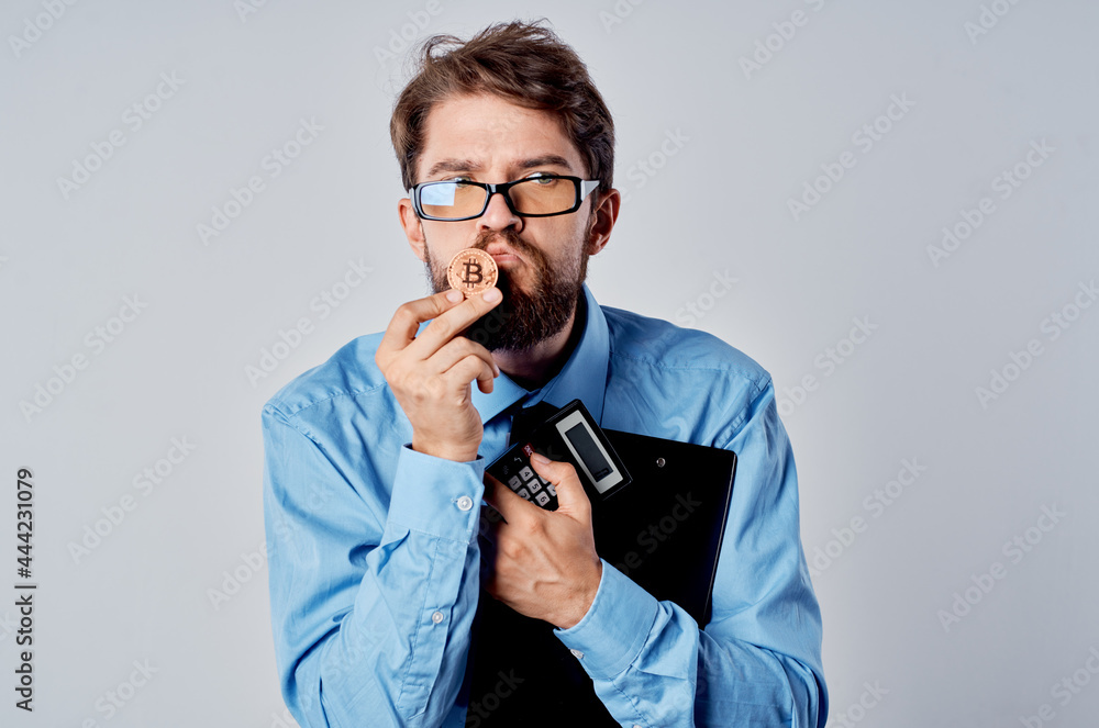 business man blue shirt finance cryptocurrency electronic money investment business man blue shirt finance cryptocurrency electronic money investment