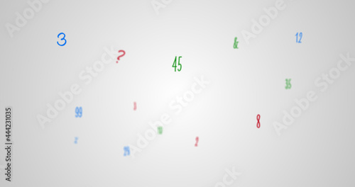 Digital image of colorful random letters and numbers moving against white background