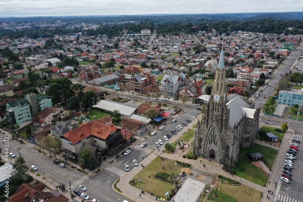 Aerial view of the historic stone church 