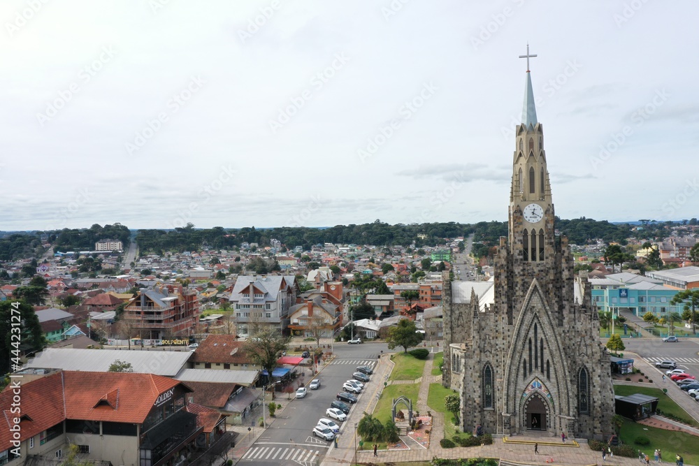 Aerial view of the historic stone church Aerial view of the historic stone church